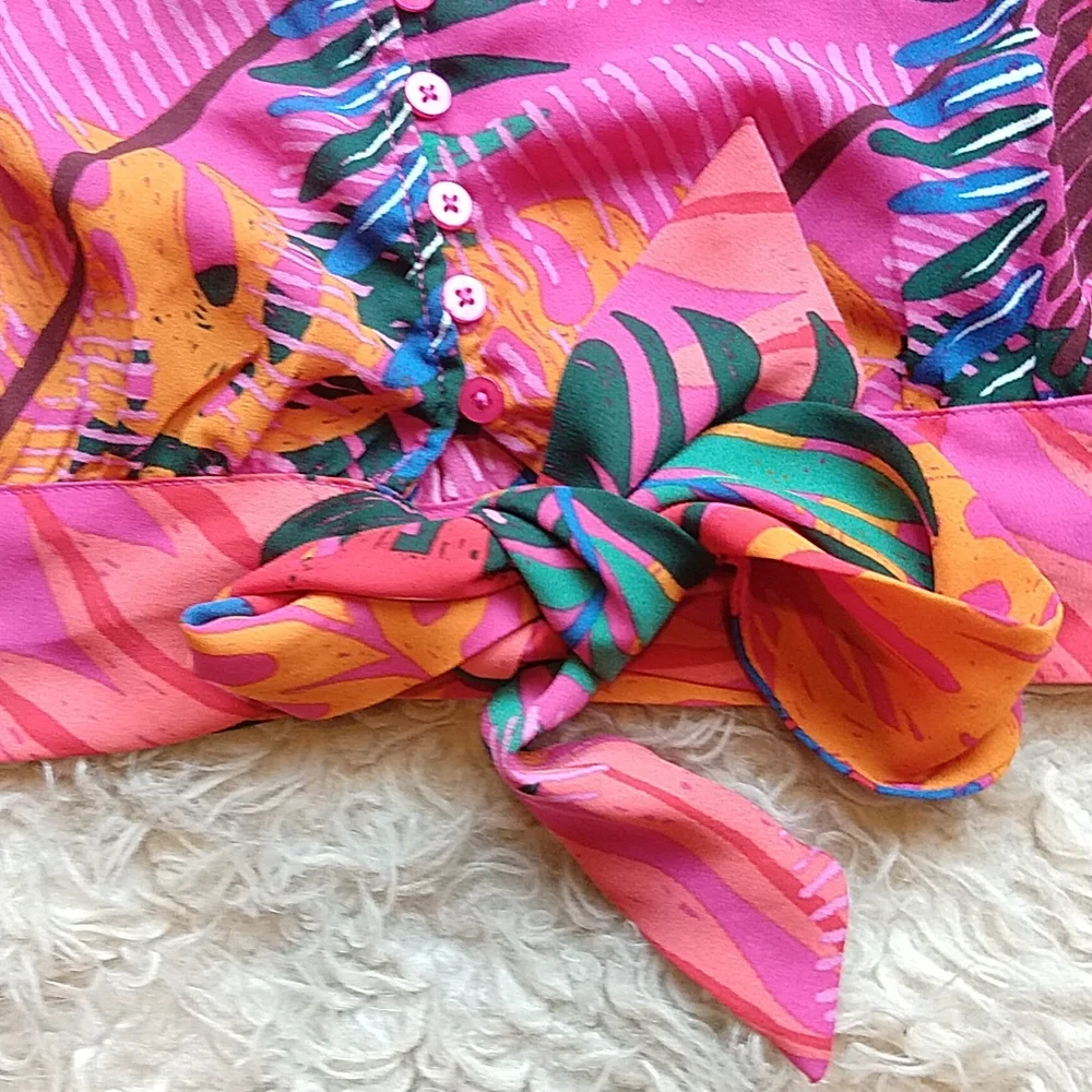 Joie Tropical Rio Parrot Cropped Balloon Sleeve Button Down Tie Front Top S
